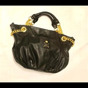 Juicy Couture BLACK GENUINE LEATHER CHAIN STRAP TOTE HANDBAG PURSE SHOULDER BAG